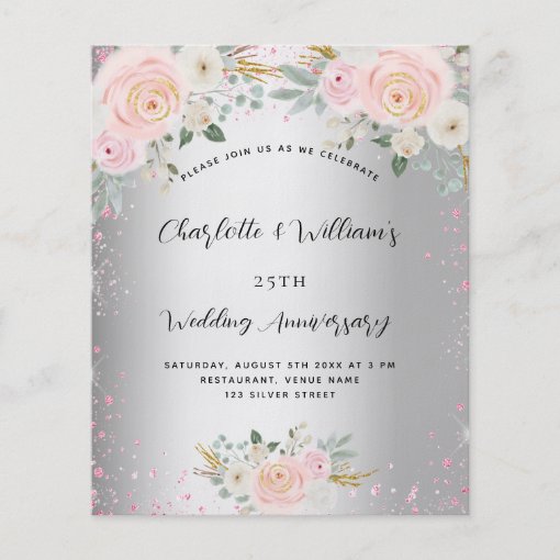 Silver floral 25th wedding anniversary invitation flyer | Zazzle