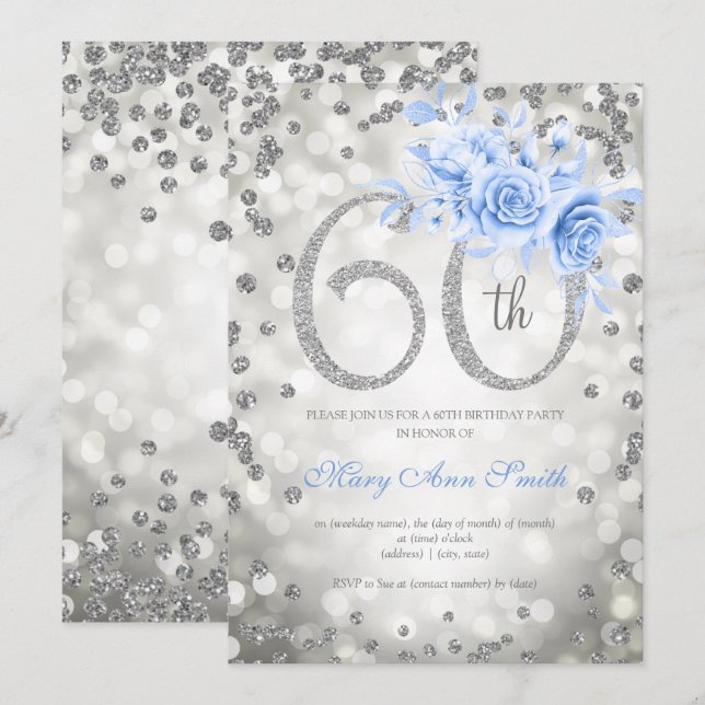 Silver Floral 60th Birthday Blue Lights  Invitation (Front/Back)