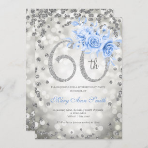 Silver Floral 60th Birthday Blue Lights Invitation