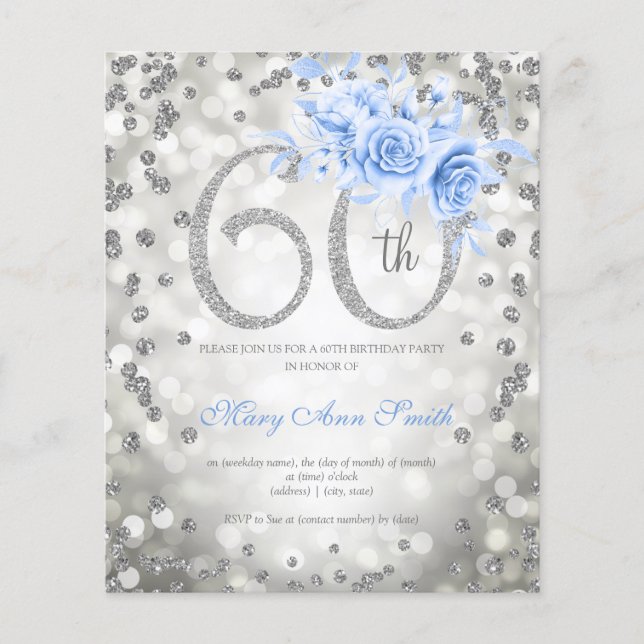 Silver Floral 60th Birthday Lights Invitation Blue Flyer (Front)