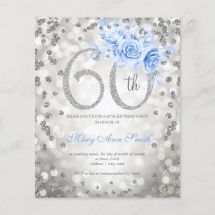 Silver Floral 60th Birthday Lights Invitation Blue Flyer