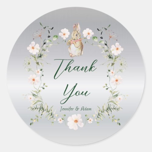Silver Floral Baby Bunny Baby Shower Classic Round Sticker