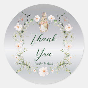 Silver Floral Baby Bunny Baby Shower Classic Round Sticker