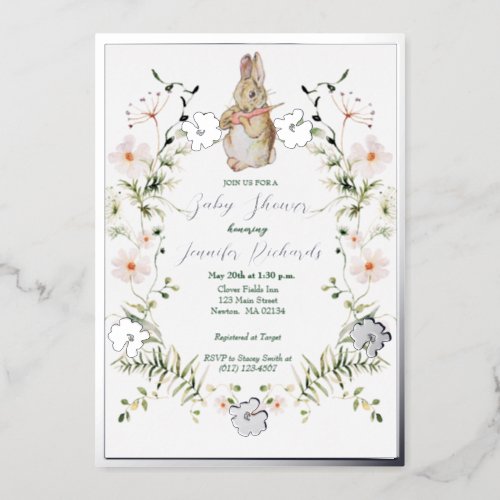 Silver Floral Baby Bunny Baby Shower Foil Invitation