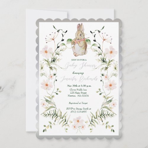 Silver Floral Baby Bunny Baby Shower Invitation