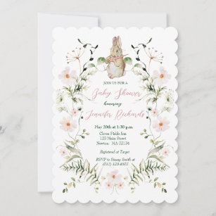 Silver Floral Baby Bunny Baby Shower Invitation