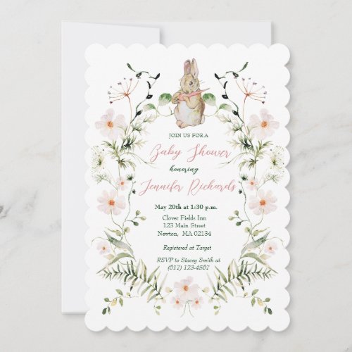 Silver Floral Baby Bunny Baby Shower Invitation