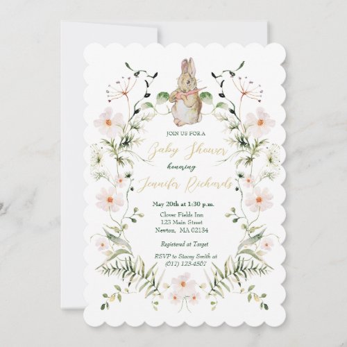 Silver Floral Baby Bunny Baby Shower Invitation