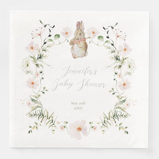 Silver Floral Baby Bunny Baby Shower Paper Dinner Napkins (Front)