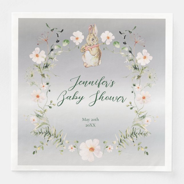 Silver Floral Baby Bunny Baby Shower Paper Dinner Napkins (Front)