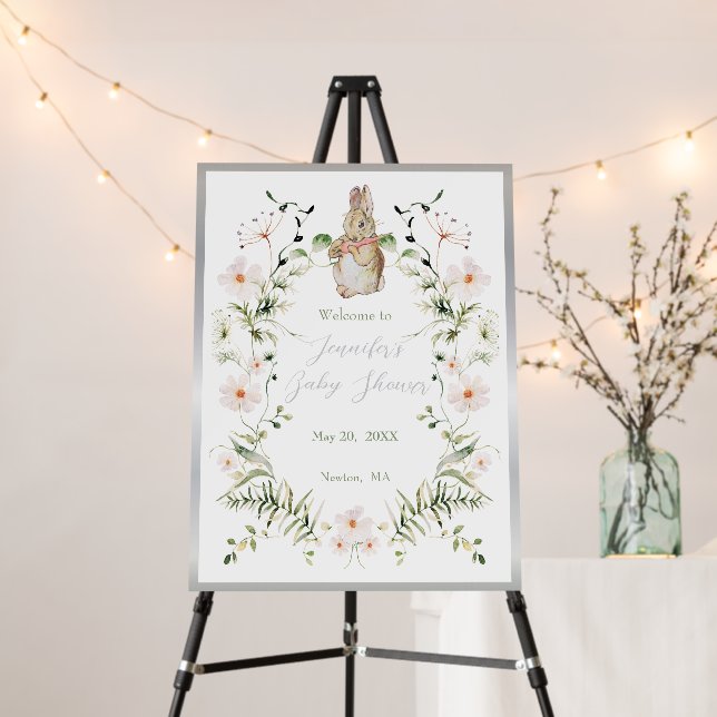 Silver Floral Baby Bunny Baby Shower Welcome Foam Board (In Situ (Stand))