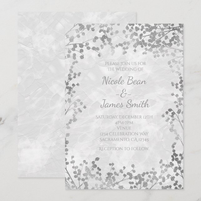 Silver Floral Berries Elegant Wedding Invitations (Front/Back)