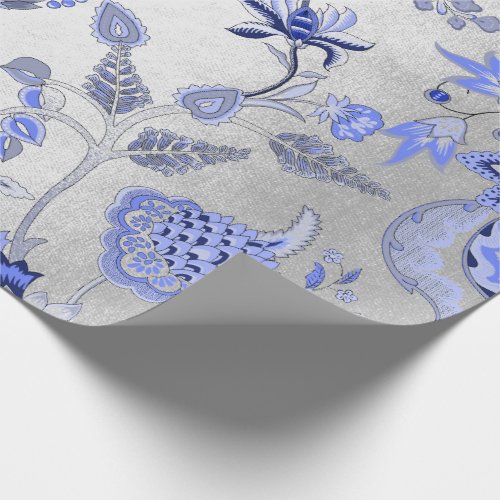 Silver Floral Blue Gray Sapphire Cobalt Ornamental Wrapping Paper