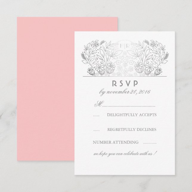 Silver Floral Blush and White Wedding RSVP Card (Front/Back)