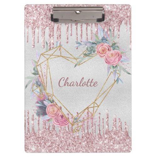 Silver floral blush pink glitter monogram clipboard