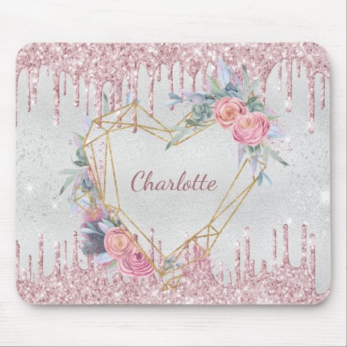 Silver floral blush pink glitter monogram mouse pad