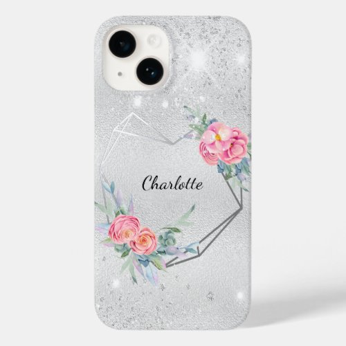 Silver floral blush pink glitter monogram name Case_Mate iPhone 14 case