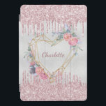 Silver floral blush pink glitter monogram name iPad pro cover<br><div class="desc">A faux silver metallic looking background. Blush pink faux glitter drips,  paint dripping look as decoration. A golden heart decorated with pink flowers.  Personalize and add a name. The name is written with a modern hand lettered script.  Perfect for school homework,  back to school.</div>