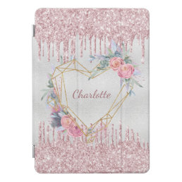 Silver floral blush pink glitter monogram name iPad pro cover