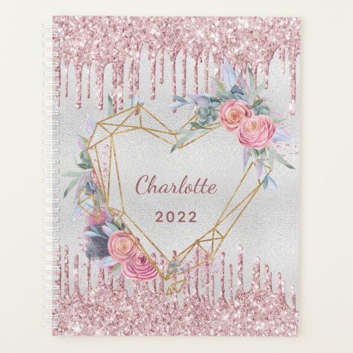 Silver floral blush pink glitter name 2023 planner