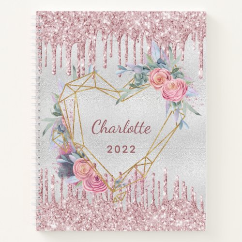 Silver floral blush pink glitter name diary  notebook