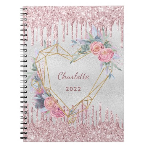 Silver floral blush pink glitter name diary notebook