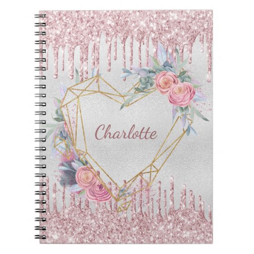 Silver floral blush pink glitter name geometric notebook