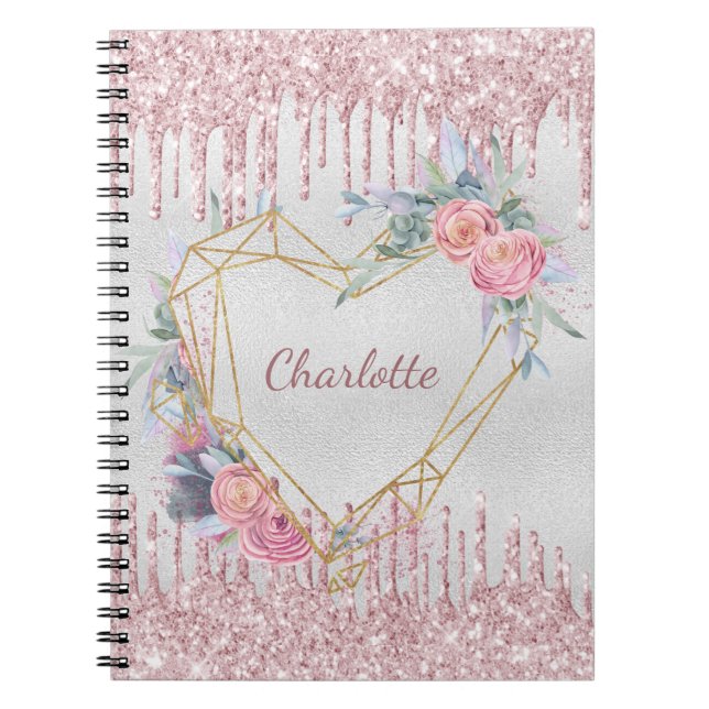 Silver floral blush pink glitter name geometric notebook (Front)