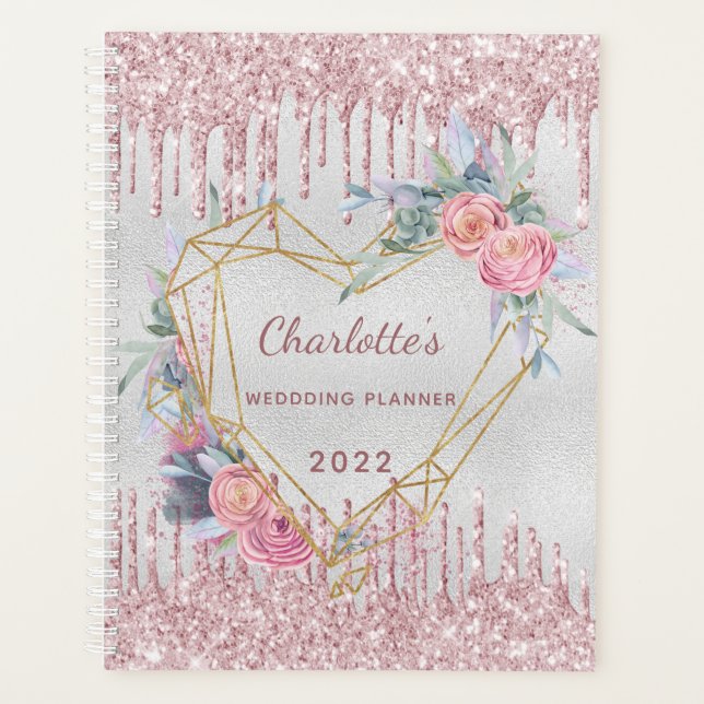 Silver floral blush pink glitter wedding planner (Front)