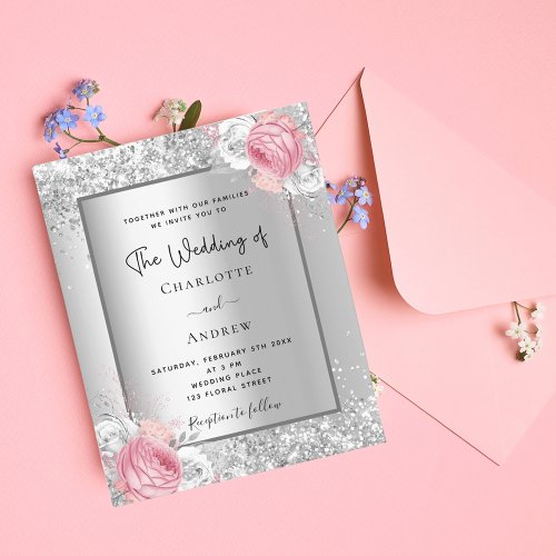 Silver floral blush pink white wedding invitation