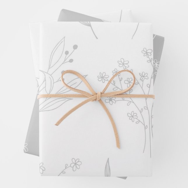 Silver Floral Boho Wedding Wrapping Paper Sheets (In situ)