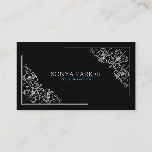 Silver Floral Border Business Card (Front)