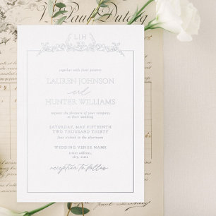 Silver Floral Border Monogram Wedding Foil Invitation