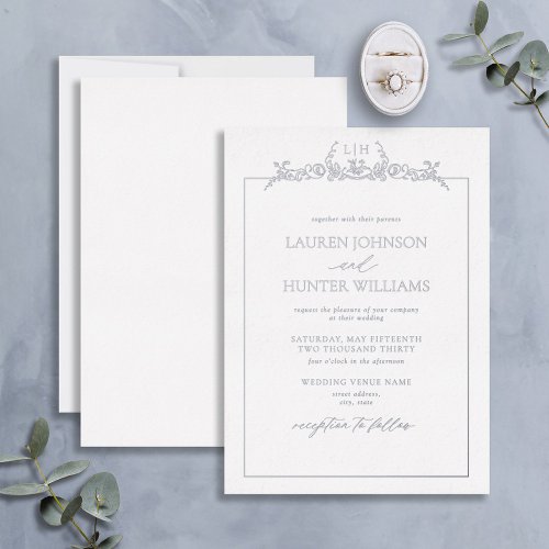 Silver Floral Border Monogram Wedding Foil Invitation