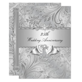 Silver Floral & Bow 25th Wedding Anniversary Card