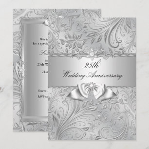 Silver Floral & Bow 25th Wedding Anniversary Invitation