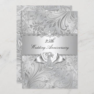 Silver Floral & Bow 25th Wedding Anniversary Invitation