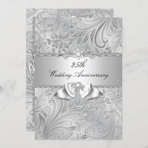 Silver Floral  Bow 25th Wedding Anniversary Invitation