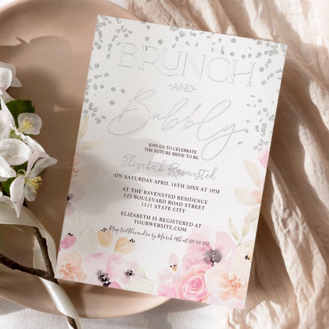 Silver floral brunch bubbly bridal shower foil invitation