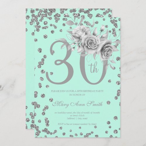 Silver Floral  Confetti 30th Birthday Mint  Invitation