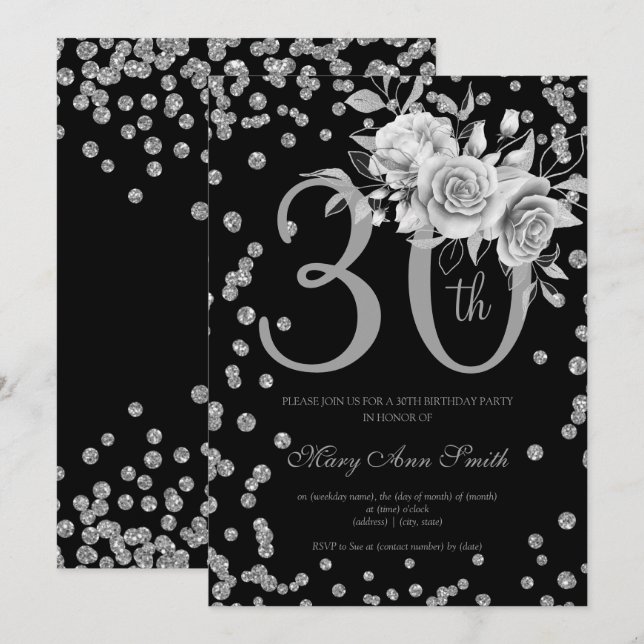 Silver Floral & Confetti 30th Birthday Party Black Invitation (Front/Back)