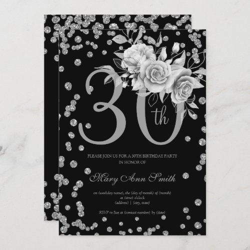 Silver Floral  Confetti 30th Birthday Party Black Invitation