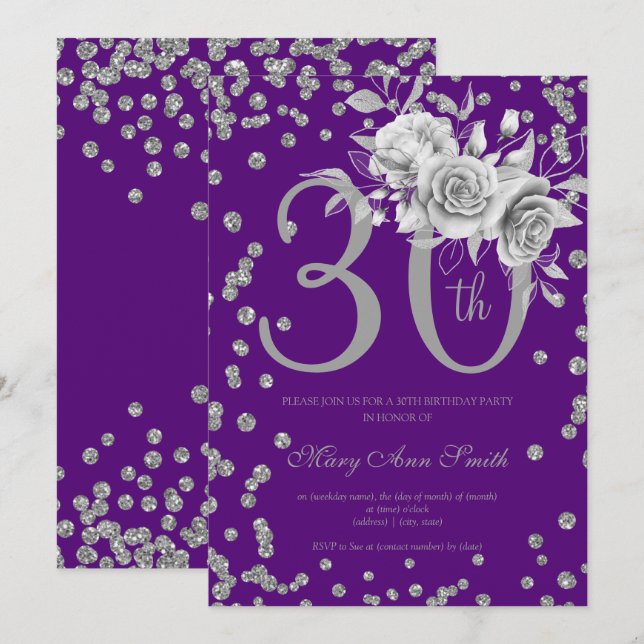 Silver Floral & Confetti 30th Birthday Purple  Invitation (Front/Back)