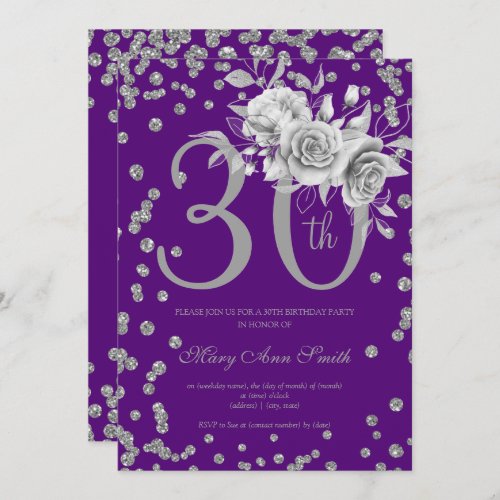 Silver Floral  Confetti 30th Birthday Purple  Invitation