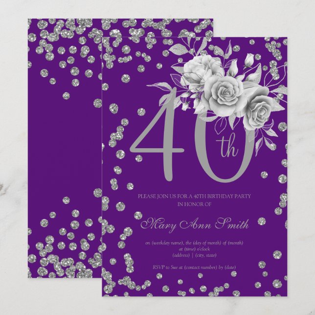 Silver Floral & Confetti 40th Birthday Purple  Invitation (Front/Back)