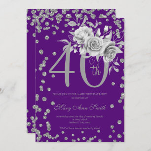 Silver Floral & Confetti 40th Birthday Purple Invitation