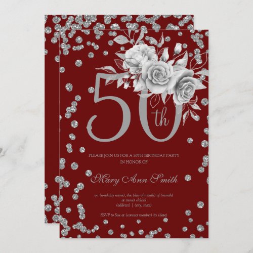 Silver Floral  Confetti 50th Birthday Burgundy  Invitation