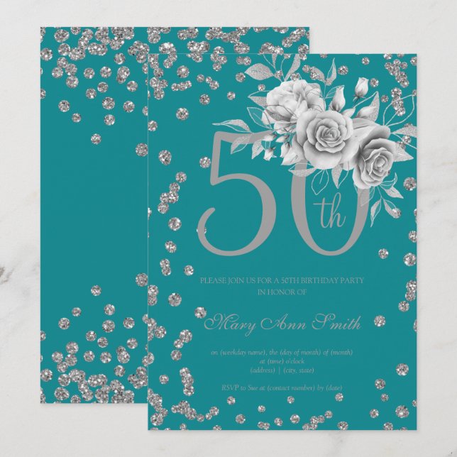 Silver Floral & Confetti 50th Birthday Party Teal  Invitation (Front/Back)