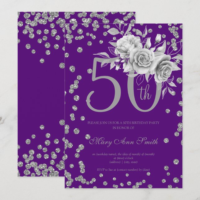 Silver Floral & Confetti 50th Birthday Purple  Invitation (Front/Back)