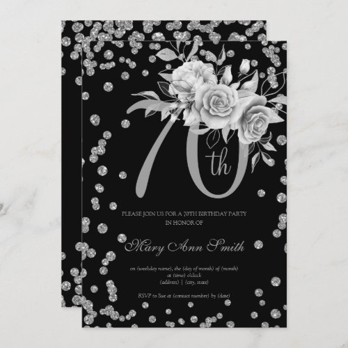Silver Floral  Confetti 70th Birthday Party Black Invitation